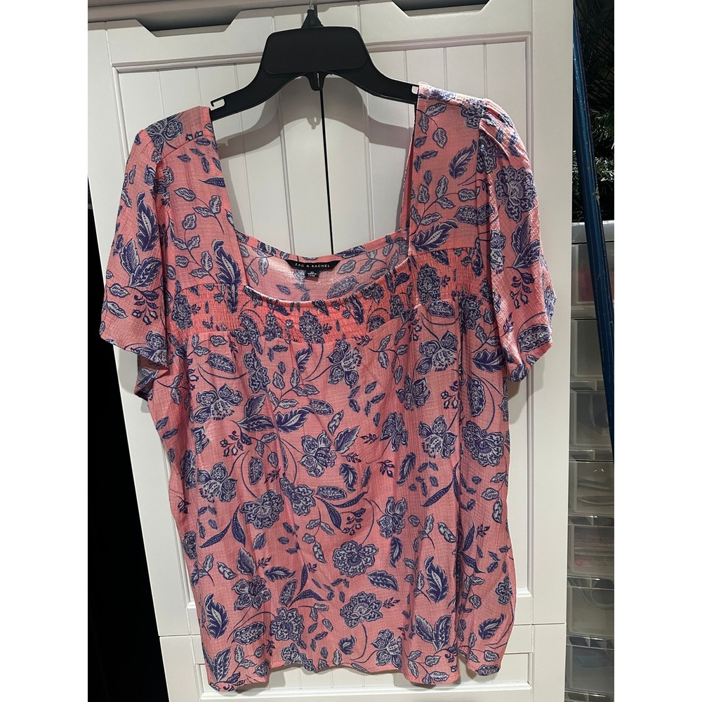 Zac & Rachel Pink Floral Square Neck Smocked Blouse XL Short Sleeve Top